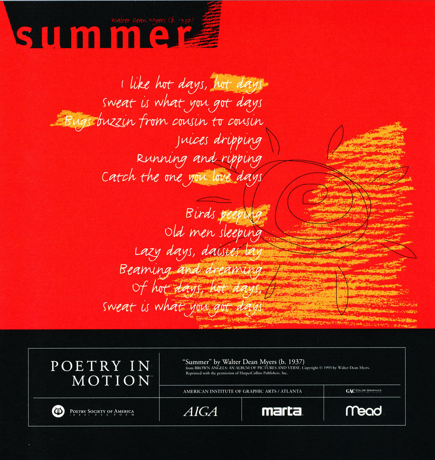 A red and yellow poster features a poem titled Summer by Walter Dean Myers in white text. To the right of the poem is a sun drawn in black.
