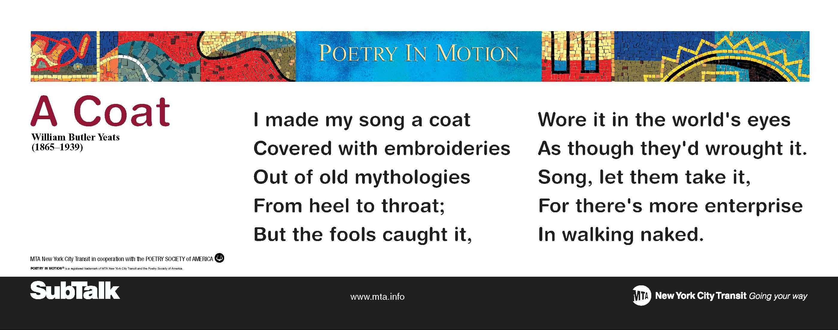 A horizontal poster with a colorful mosaic at the top features a poem titled A Coat, by W.B. Yeats.