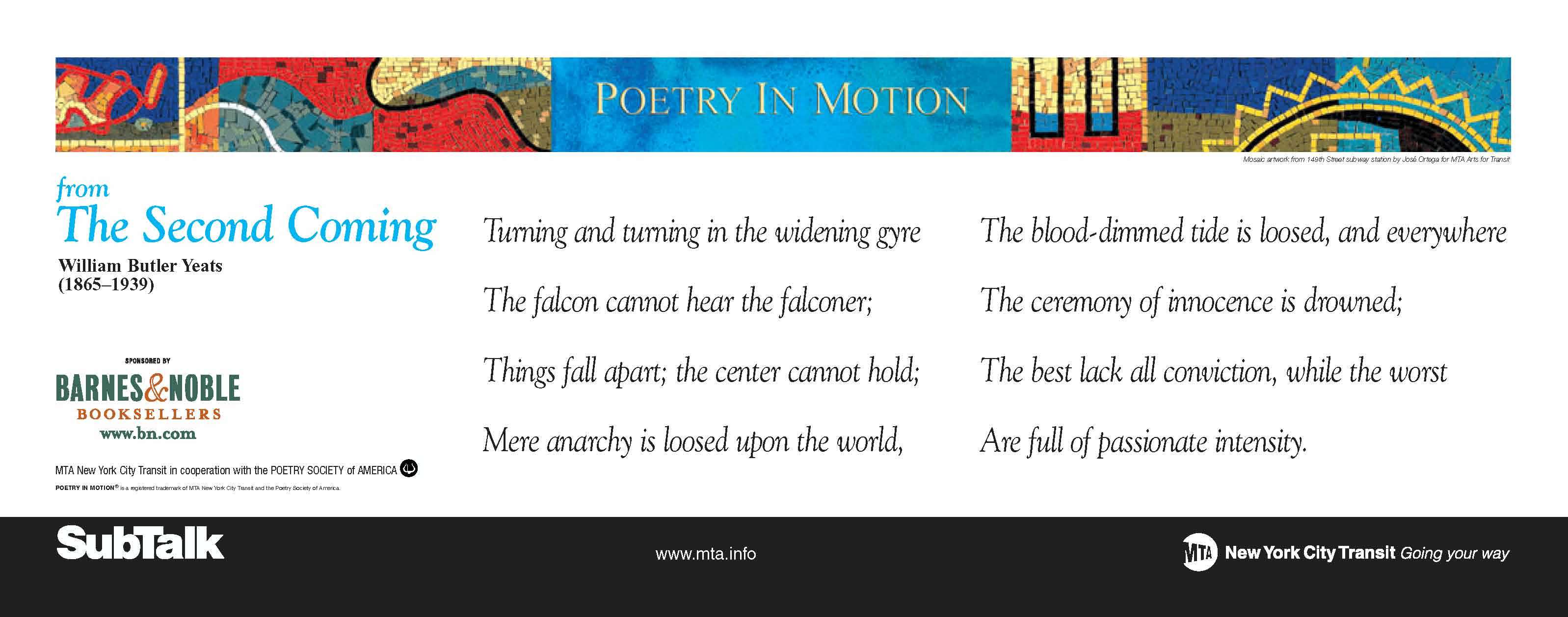 A horizontal poster with a colorful mosaic at the top features an excerpt from the poem, The Second Coming, by W.B. Yeats