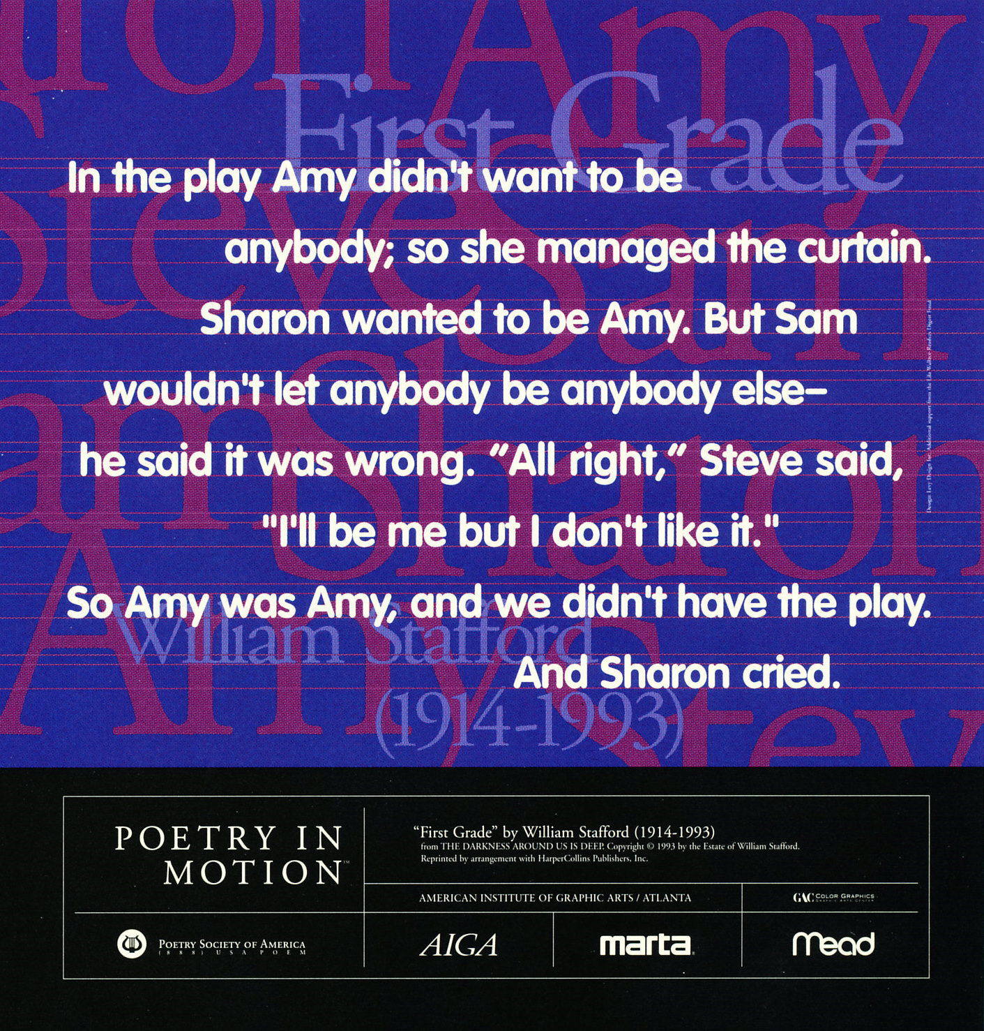 Purple poster resembling lined paper features a poem titled First Grade by William Stafford in white text. Behind the text, names from the poem appear in large magenta letters.