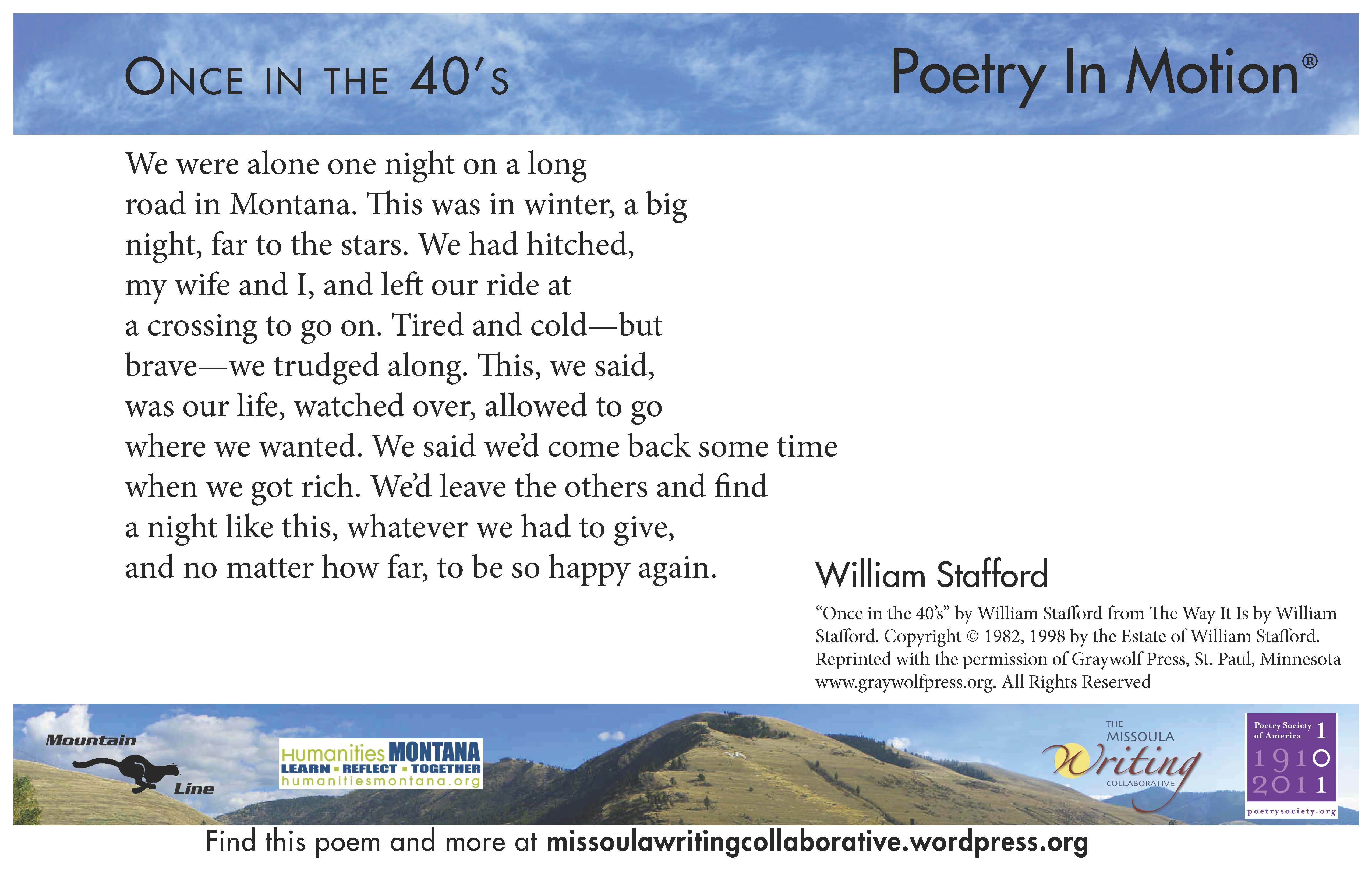 A white poster features the poem Once in the 40s by William Stafford. The poster is bordered by blue sky and green hills.