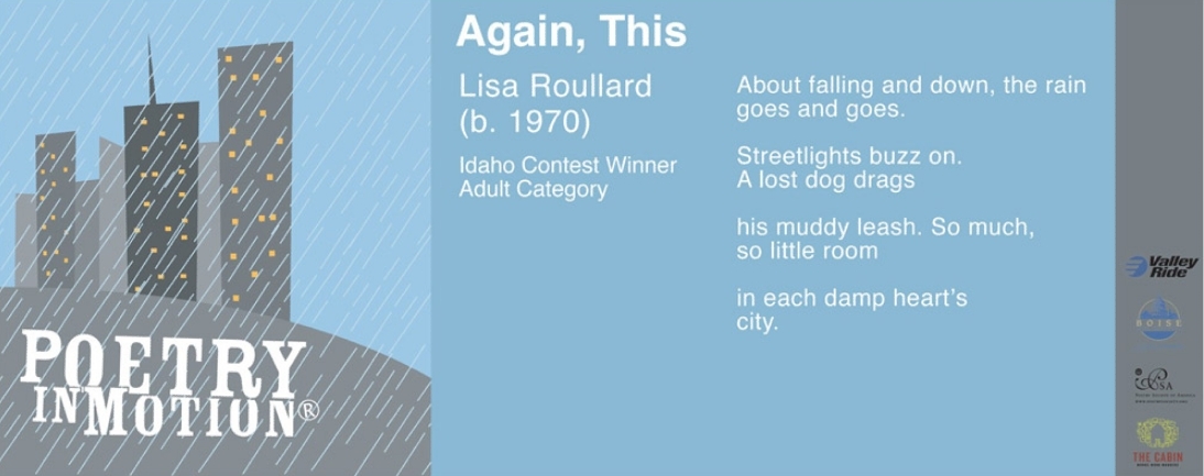 A light blue poster features the poem Again, This by Lisa Roullard. To the right of the poem rain slants down on grey skyscrapers.