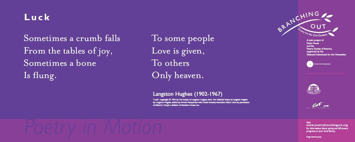 A horizontal, two-tone purple poster contains a poem titled Luck by Langston Hughes