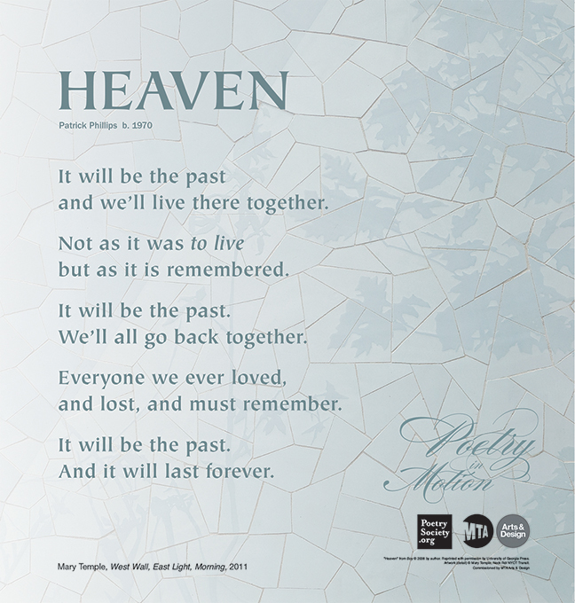 A poster featuring art by Mary Temple depicts pale blue wall tile forming a fractured mosaic. Superimposed on the art is a poem in blue text titled Heaven, by Patrick Phillips.